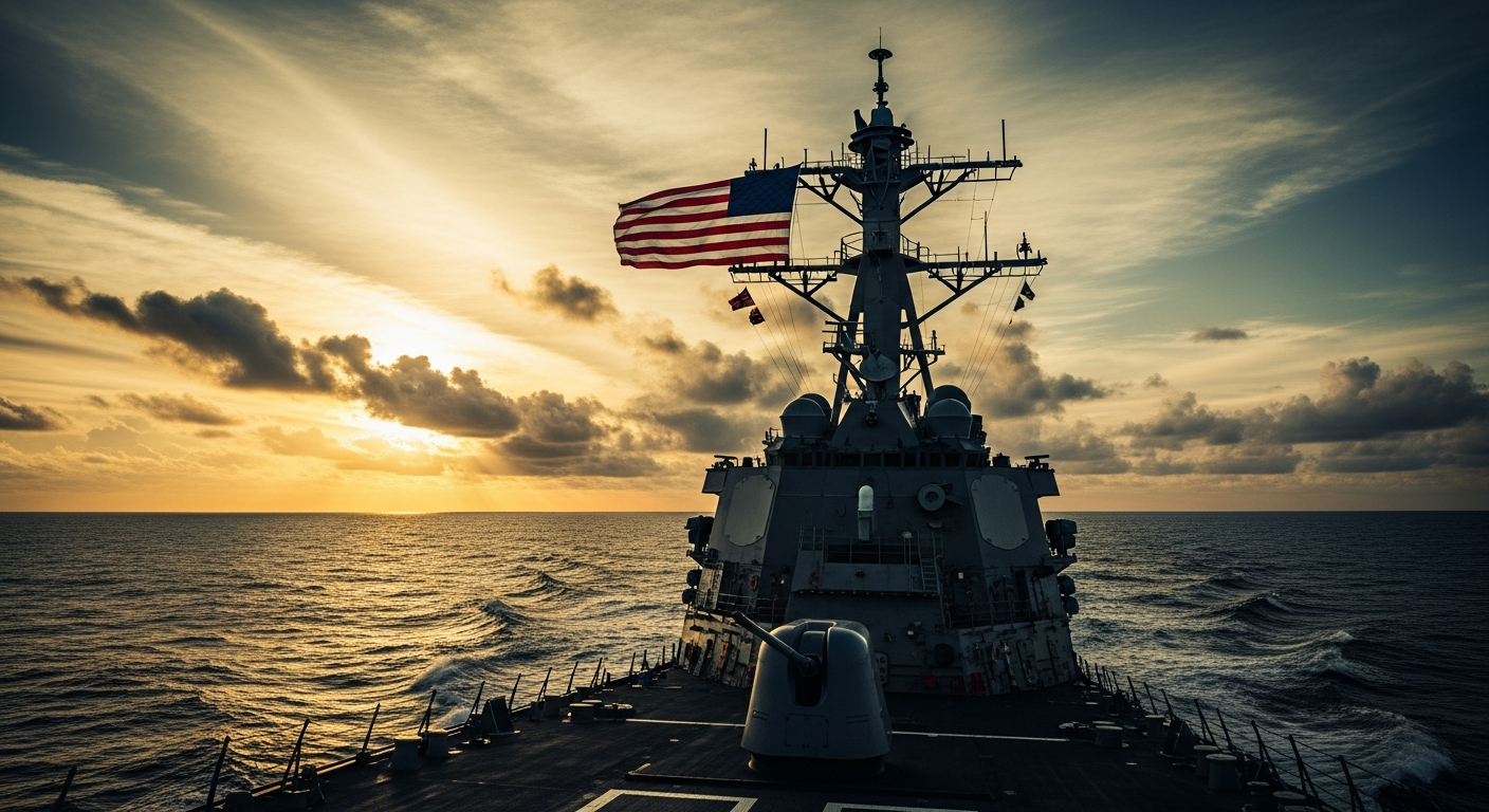 U.S. Navy destroyer at sea during sunset with American flag — Navy Week 2026 hero image